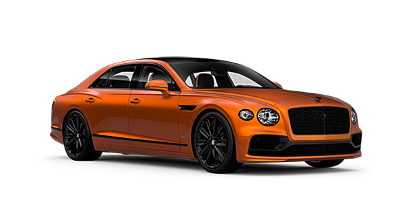 Bentley Hampshire Bentley Flying Spur Speed front side angled view in Orange Flame coloured exterior. 