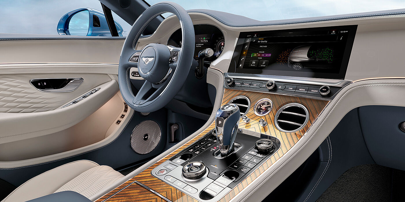 Bentley Hampshire New Bentley Continental GTC Azure convertible interior front cabin view with Linen and Brunel hides and Piano Linen by Mulliner veneer featuring centre console and centre MMI screen