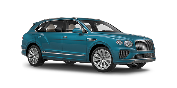 Bentley Hampshire Bentayga Extended Wheelbase Azure luxury SUV front three quarter in Topaz Blue by Mulliner paint